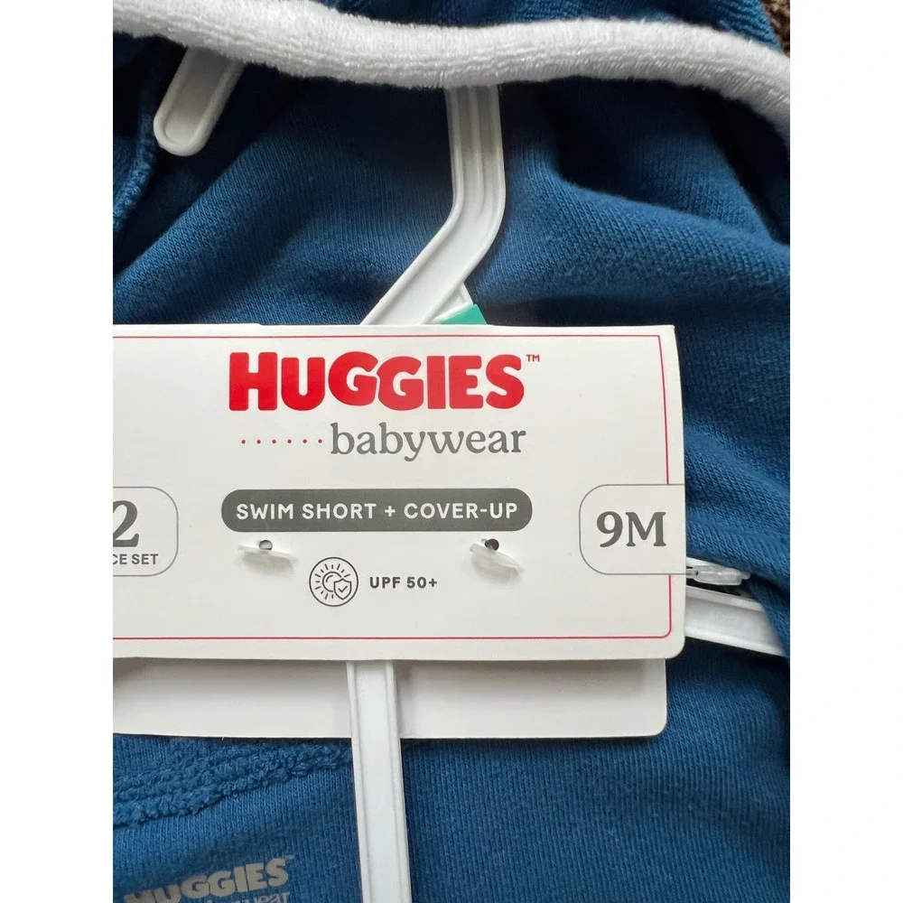 Huggies Baby Boy 9M Swim Set Hooded Cover-Up Trunks Blue Yellow UPF 50+ 2PC